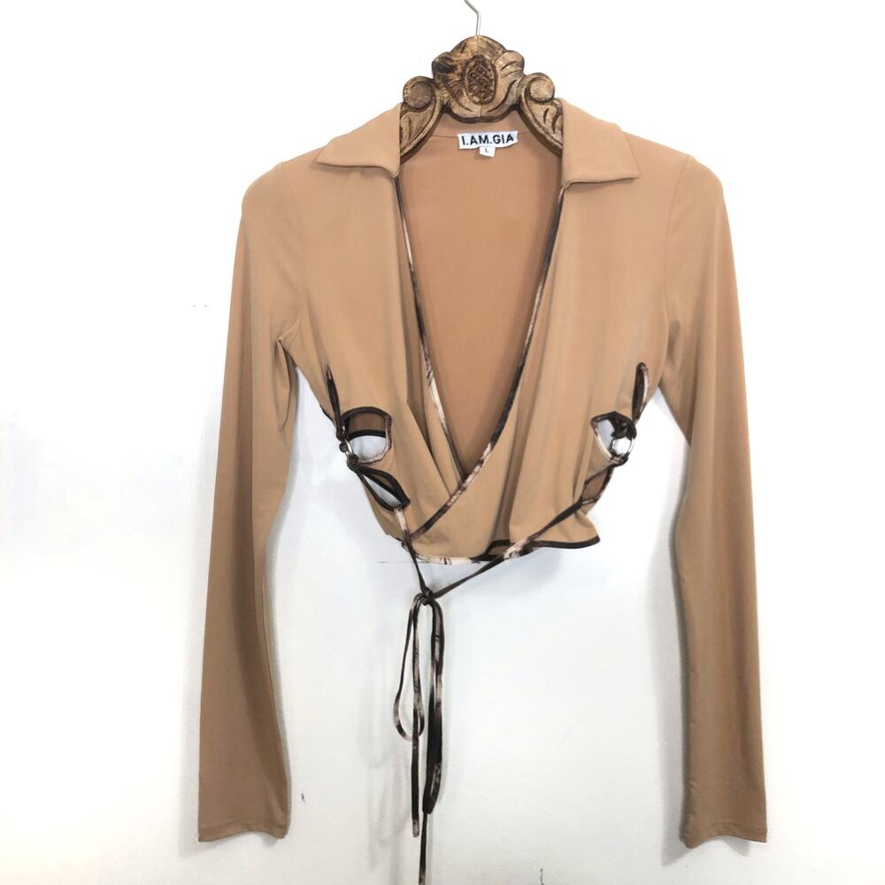 I AM GIA Renalee Floral Cutout Wrap Top Large Flare Pants Medium Set Tan - Picture 2 of 13